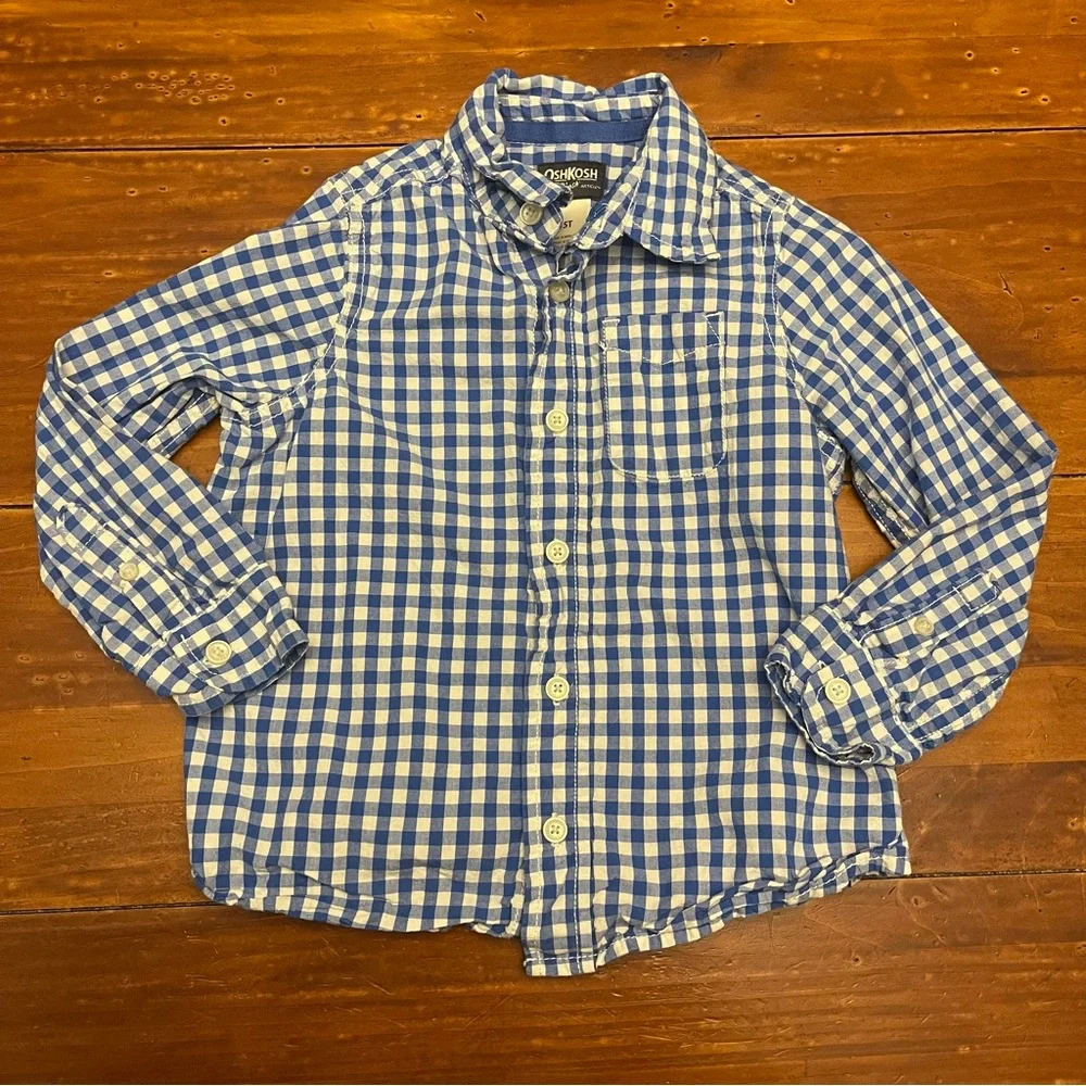 Oshkosh B’Gosh Boys Size 5T Blue Long Sleeve  Gingham Button Down Shirt